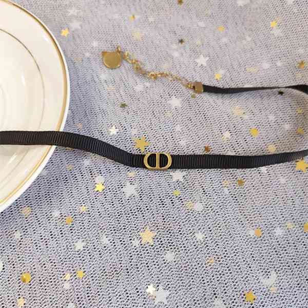 dio/christian letter clavicle ribbon necklace short rhinestone five pointed star black velvet neck chain, Red;brown