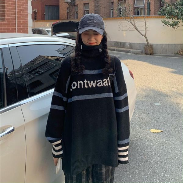 women's sweaters 2021 autumn loose oversize thermal pullover black turtleneck letter color matching knitted sweater women, White;black
women's sweaters 2021 autumn loose oversize thermal pullover black turtleneck letter color matching knitted sweater women, White;black