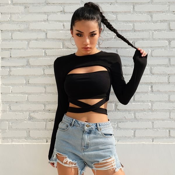 black crop t shirt women hollow out cotton long sleeve tshirt bandage tie up short tee shirt femme punk rock, White
black crop t shirt women hollow out cotton long sleeve tshirt bandage tie up short tee shirt femme punk rock, White
