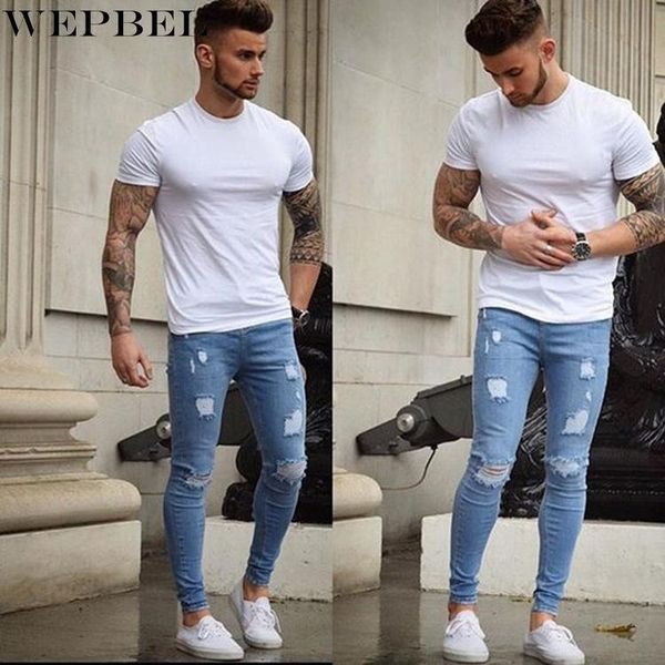 men's jeans wepbel casual solid color ripped spring and summer fashion denim mid-waist stretch pencil pants, Blue
men's jeans wepbel casual solid color ripped spring and summer fashion denim mid-waist stretch pencil pants, Blue