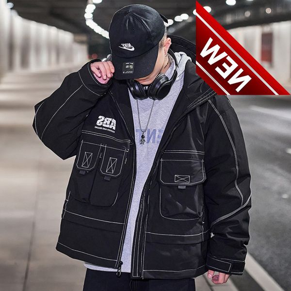 men's winter duck down jacket hip hop oversized warm hooded anorak fashion cargo multi-pocket waterproof puffer techwear, Black
men's winter duck down jacket hip hop oversized warm hooded anorak fashion cargo multi-pocket waterproof puffer techwear, Black