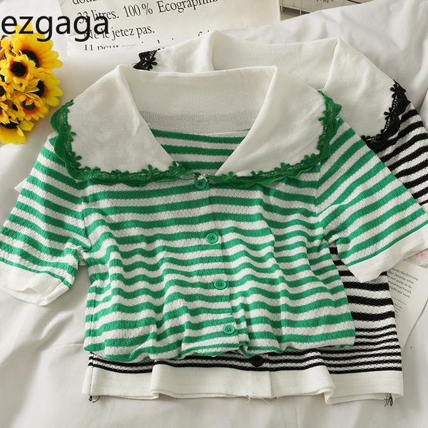women's knits & tees ezgaga summer thin knitted women turn-down collar short sleeve striped cardigan slim single-breasted sweet korean, White
women's knits & tees ezgaga summer thin knitted women turn-down collar short sleeve striped cardigan slim single-breasted sweet korean, White