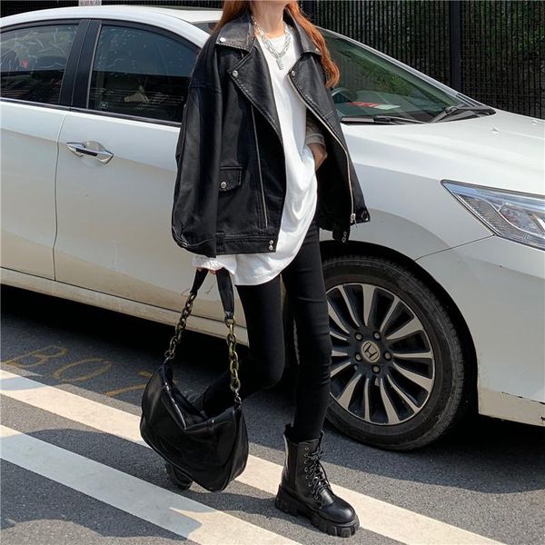 women's leather & faux loose korean spring and autumn jacket locomotive jacket, versatile, Black
women's leather & faux loose korean spring and autumn jacket locomotive jacket, versatile, Black