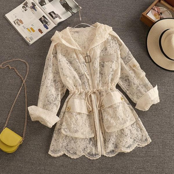 women's trench coats lace embroidery beige women coat streetwear style drawstring hooded slim long elegant lightweight female outwear, Tan;black
women's trench coats lace embroidery beige women coat streetwear style drawstring hooded slim long elegant lightweight female outwear, Tan;black