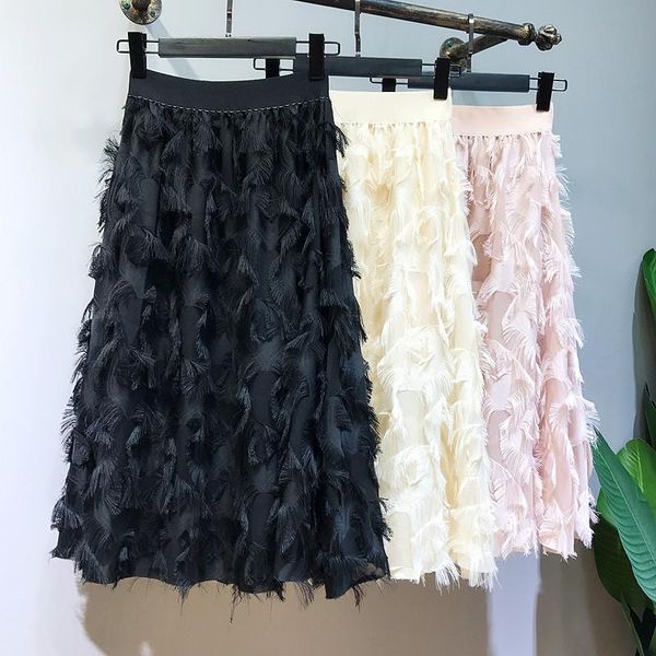 skirts spring autumn women fashion feather tassel pleated elastic high waisted midi party skirt saias faldas jupe femmle, Black