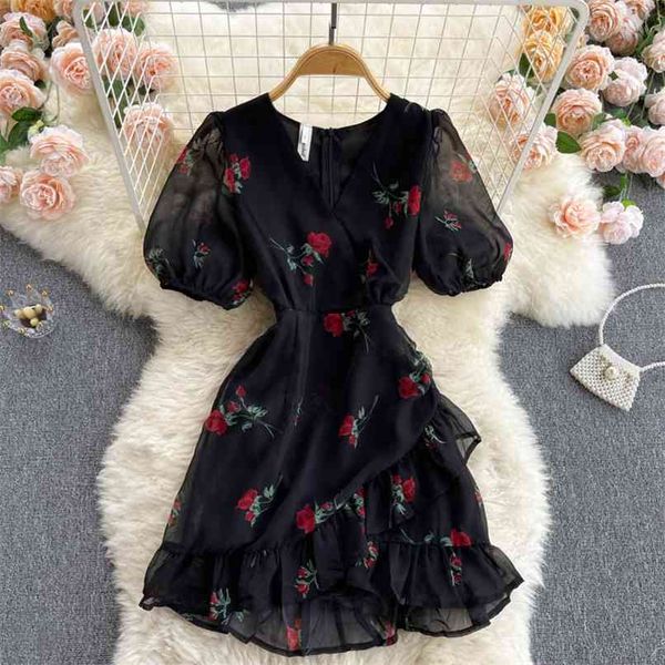 puff sleeve sweet dress female summer v-neck flower printted slim black short chiffon 210602, White
puff sleeve sweet dress female summer v-neck flower printted slim black short chiffon 210602, White
