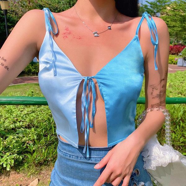 women's tanks & camis 2021 women patchwork sling summer blue vest sleeveless strap crop fashion lace-up v-neck sation silk, White 
women's tanks & camis 2021 women patchwork sling summer blue vest sleeveless strap crop fashion lace-up v-neck sation silk, White