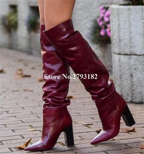 boots women pointed toe wine red leather chunky heel knee high slip-on long thick dress shoes, Black
boots women pointed toe wine red leather chunky heel knee high slip-on long thick dress shoes, Black