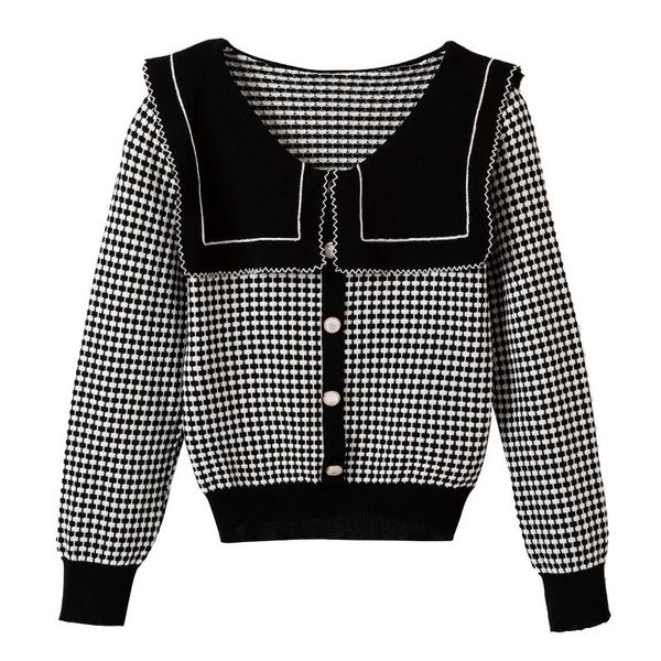 women's sweaters short sweater women pullover plaid knitted thin sailor collar ladies slim buttons autumn2021, White;black
women's sweaters short sweater women pullover plaid knitted thin sailor collar ladies slim buttons autumn2021, White;black