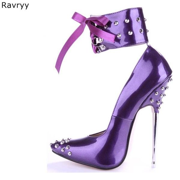 dress shoes ankle lace up woman purple high heel pointed toe pumps silver rivet decor thin female stiletto club party, Black 
dress shoes ankle lace up woman purple high heel pointed toe pumps silver rivet decor thin female stiletto club party, Black
