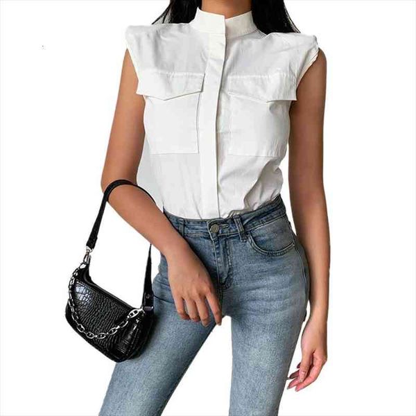 women ladies blouse solid color summer autumn girls sleeveless slim with shoulder pads female casual shirt clothing, White
women ladies blouse solid color summer autumn girls sleeveless slim with shoulder pads female casual shirt clothing, White
