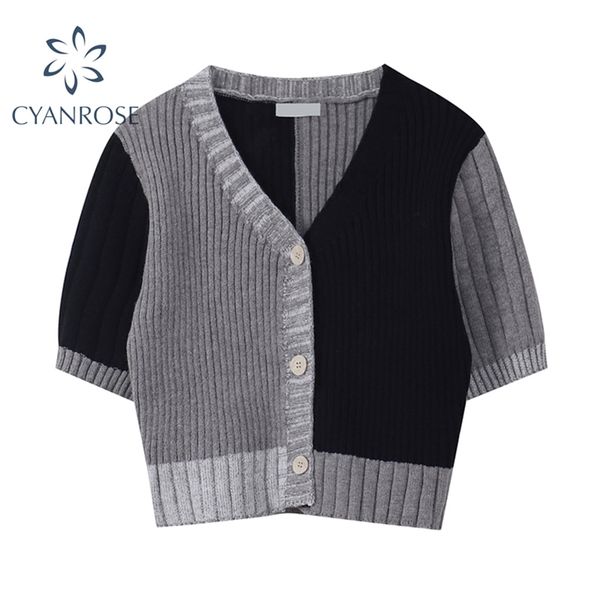 korean style o-neck short knitted sweaters women thin cardigan button up summer casual fashion patchwork crop female 210806, White;black
korean style o-neck short knitted sweaters women thin cardigan button up summer casual fashion patchwork crop female 210806, White;black
