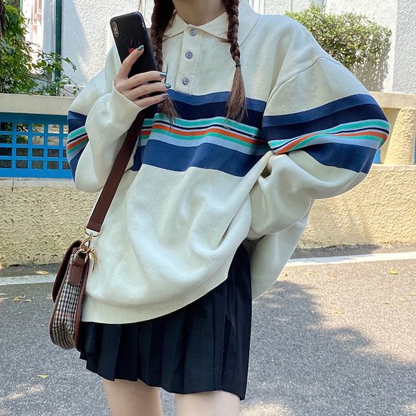 2021 new college style loose polo collar striped knitted sweater women autumn fashion all-match cnfo, White;black
2021 new college style loose polo collar striped knitted sweater women autumn fashion all-match cnfo, White;black