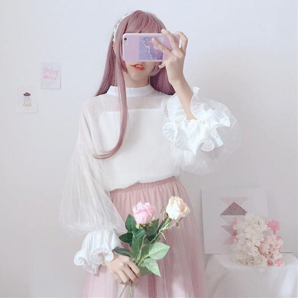 spring autumn new white chiffon blouse women's clothing mesh patchwork ruffles flare sleeve shirts female japanese sweet style
spring autumn new white chiffon blouse women's clothing mesh patchwork ruffles flare sleeve shirts female japanese sweet style