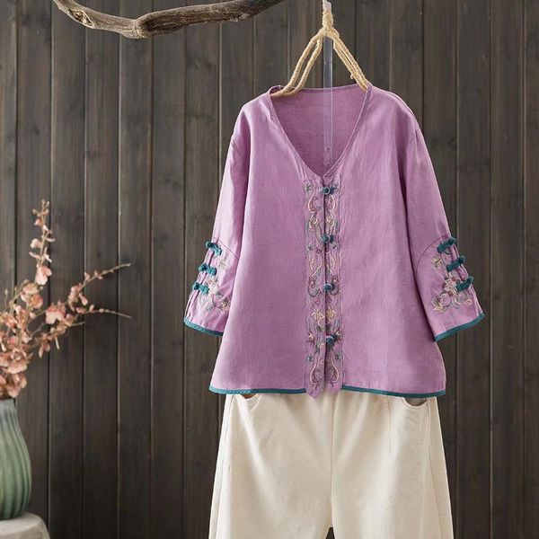 women's blouses & shirts national chinese style plated button cardigans women three quarter sleeve vintage embroidery shirt purple v-n, White
women's blouses & shirts national chinese style plated button cardigans women three quarter sleeve vintage embroidery shirt purple v-n, White