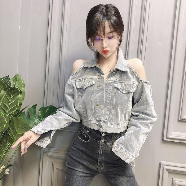 korean jeans jacket women 2021 off shoulder cropped denim jacket vintage long sleeve short casual slim cropped jean 20380, Black;brown 
korean jeans jacket women 2021 off shoulder cropped denim jacket vintage long sleeve short casual slim cropped jean 20380, Black;brown