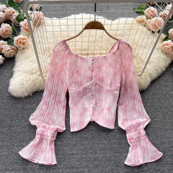 women's blouses & shirts women design tie dye blouse long sleeve square collar elastic ruched slim autumn korean streetwear short, White
women's blouses & shirts women design tie dye blouse long sleeve square collar elastic ruched slim autumn korean streetwear short, White