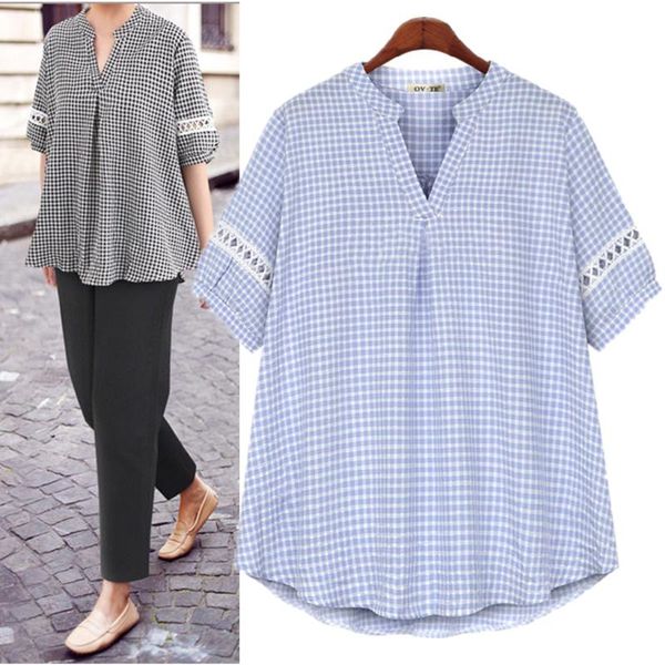 women's blouses & shirts plus size blouse summer plaid v-neck short sleeve women loose hollow out female tees casual ladies, White
women's blouses & shirts plus size blouse summer plaid v-neck short sleeve women loose hollow out female tees casual ladies, White