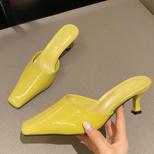 slippers 2021 summer elegant women's yellow patent pu leather high heels mules slides pumps square toe office lady shoes female, Black
slippers 2021 summer elegant women's yellow patent pu leather high heels mules slides pumps square toe office lady shoes female, Black