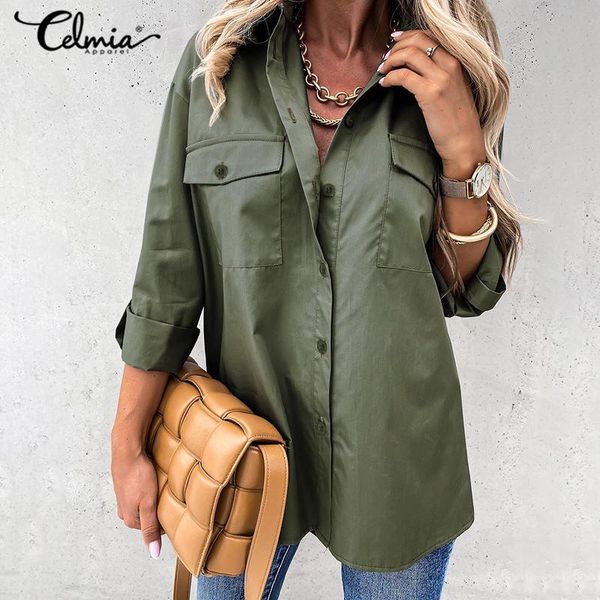 women's blouses & shirts 2021 fashion long sleeve celmia women casual oversized office elegant lapel vintage pockets blusas, White
women's blouses & shirts 2021 fashion long sleeve celmia women casual oversized office elegant lapel vintage pockets blusas, White