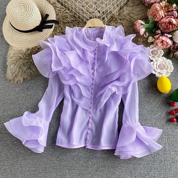 women's blouses & shirts multi-layer ruffles organza shirt perspective stylish long-sleeved slim fit solid bottom j3, White
women's blouses & shirts multi-layer ruffles organza shirt perspective stylish long-sleeved slim fit solid bottom j3, White
