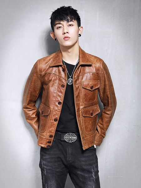 men's leather & faux genuine jacket men vintage real cow short spring autumn luxury coat motorcycle jackets 19-09 kj3218, Black
men's leather & faux genuine jacket men vintage real cow short spring autumn luxury coat motorcycle jackets 19-09 kj3218, Black