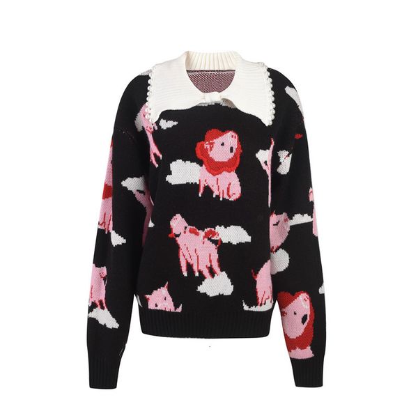 2021 new pink pig jacquard knitted sweater women runway designers pearl bow pulls femme automne hiver 364s, White;black
2021 new pink pig jacquard knitted sweater women runway designers pearl bow pulls femme automne hiver 364s, White;black