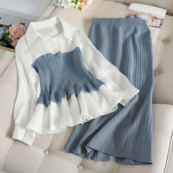 knitted two-piece suit women's shirt skirt base sweater suit 2021 slim skirt, Gray