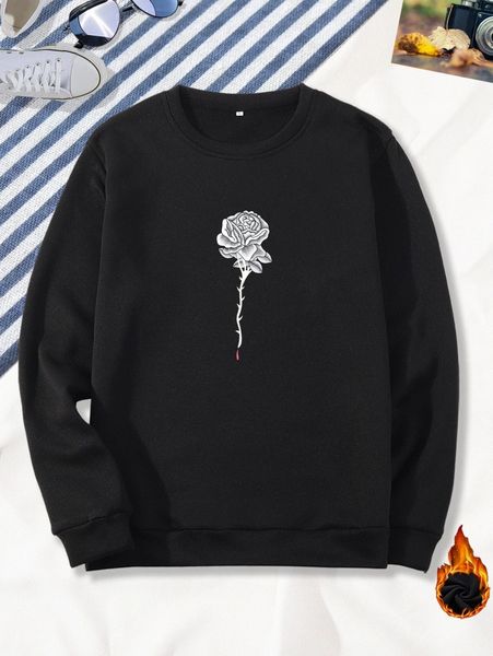 men floral print thermal lined sweatshirt s2o4#, Black