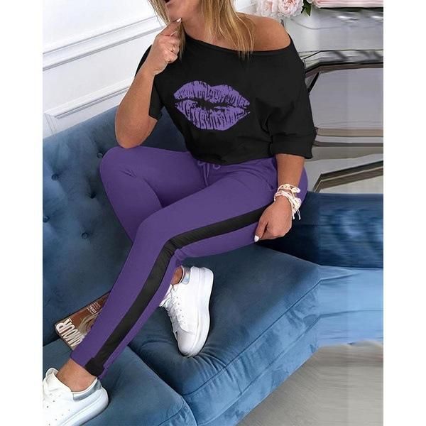 women's tracksuits outfits two-piece summer fashion casual lips printed short sleeve + trousers set sports suit breathable, Gray
women's tracksuits outfits two-piece summer fashion casual lips printed short sleeve + trousers set sports suit breathable, Gray
