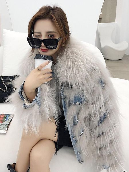 women's fur & faux *2021 natural raccoon striped jean coat with collar down inside be-202106, Black
women's fur & faux *2021 natural raccoon striped jean coat with collar down inside be-202106, Black