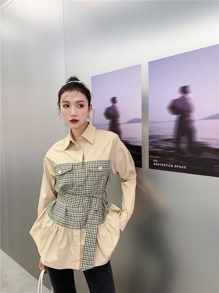 women's polos autumn fashion casual stitching plaid waist loose shirt for women tees clothing, White
women's polos autumn fashion casual stitching plaid waist loose shirt for women tees clothing, White