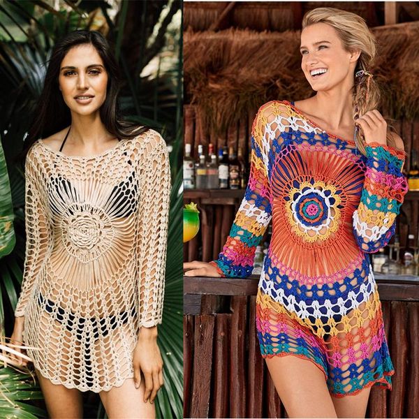 women's swimwear women knitted beach dresses hollow out see through boho mini sundress long sleeve bikini swim cover up mujer, White;black
women's swimwear women knitted beach dresses hollow out see through boho mini sundress long sleeve bikini swim cover up mujer, White;black