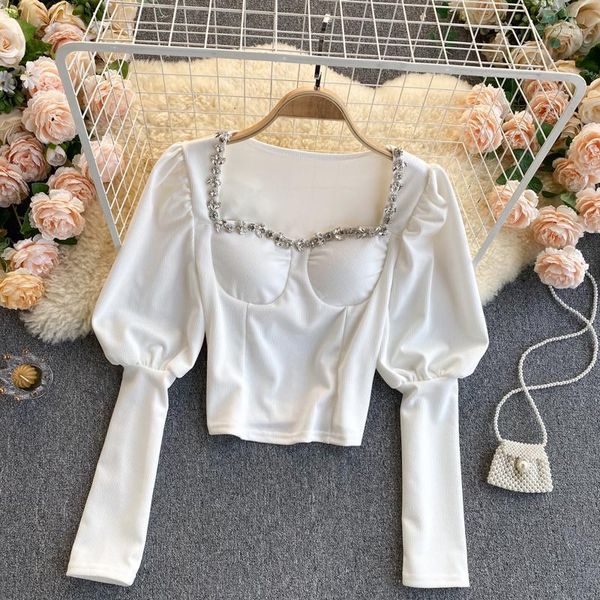women's t-shirt light luxury ladies' retro diamond square collar slim crop with chest pad lamb sleeve, White
women's t-shirt light luxury ladies' retro diamond square collar slim crop with chest pad lamb sleeve, White