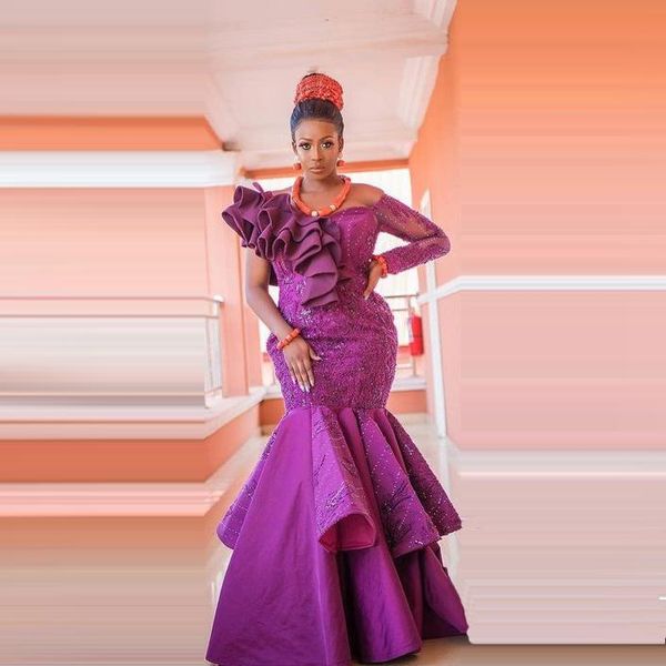 party dresses aso ebi purple prom with ruffles beadings appliques mermaid one shoulder sheer long sleeve women gowns for formal event, White;black
party dresses aso ebi purple prom with ruffles beadings appliques mermaid one shoulder sheer long sleeve women gowns for formal event, White;black