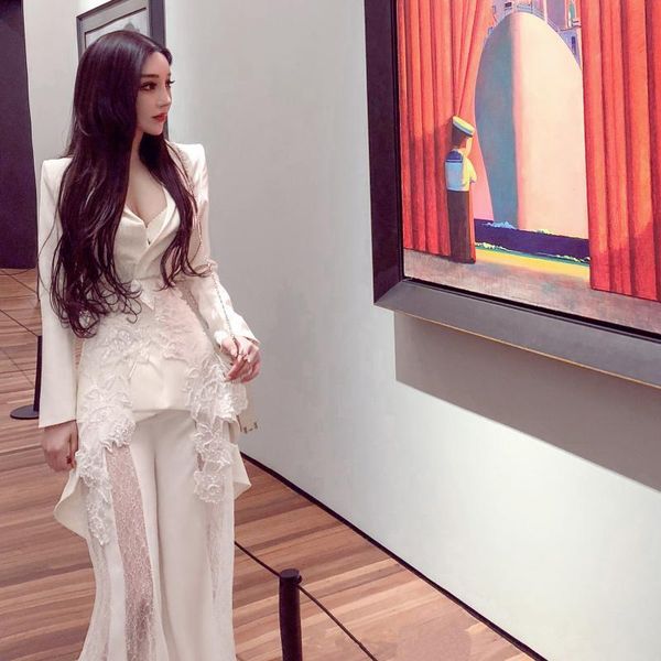two piece dress ims celebrity beading lace patchwork blazer and wide leg pants women clothing set, White
two piece dress ims celebrity beading lace patchwork blazer and wide leg pants women clothing set, White