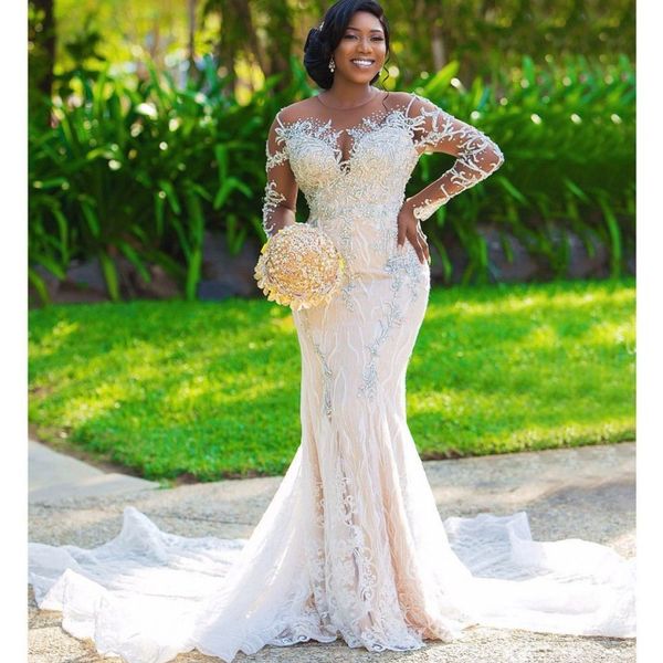 luxury beaded mermaid wedding dresses lace with sheer neckliine back bridal dress gowns beads long sleeves african plus size vestido de noiv, White
luxury beaded mermaid wedding dresses lace with sheer neckliine back bridal dress gowns beads long sleeves african plus size vestido de noiv, White