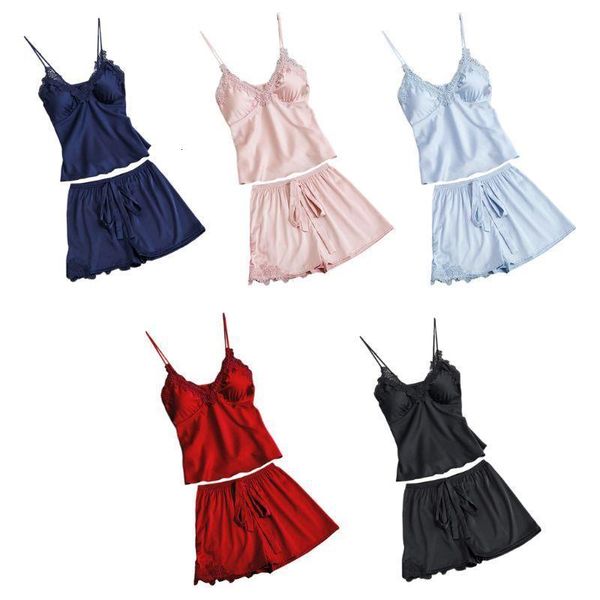 women summer faux silk pajamas set crochet floral lace applique padded camisole drawstring shorts solid color lingerie nightwear, Gray
women summer faux silk pajamas set crochet floral lace applique padded camisole drawstring shorts solid color lingerie nightwear, Gray