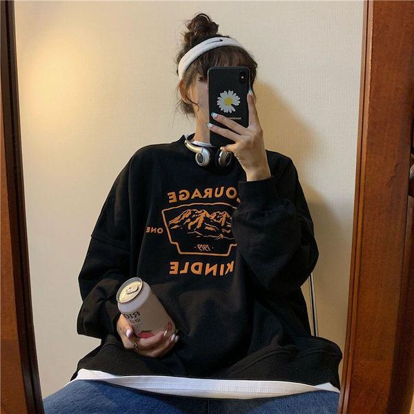 women's hoodies & sweatshirts vintage girly women's autumn thin loose lethargic style fake two-piece blouse korean fashion harajuku, Black
women's hoodies & sweatshirts vintage girly women's autumn thin loose lethargic style fake two-piece blouse korean fashion harajuku, Black