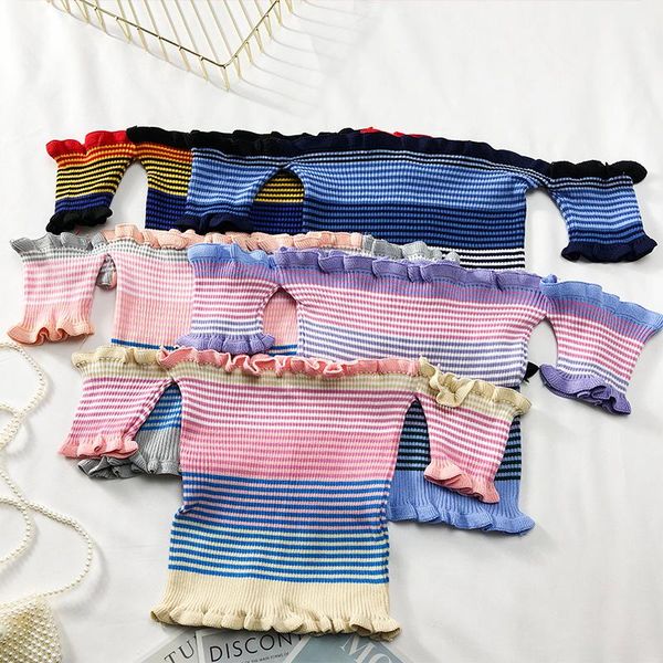 women's t-shirt heliar women off shoulder knitted lettuce edge rainbow striped skinny crop slim fit slash neck styles, White 
women's t-shirt heliar women off shoulder knitted lettuce edge rainbow striped skinny crop slim fit slash neck styles, White