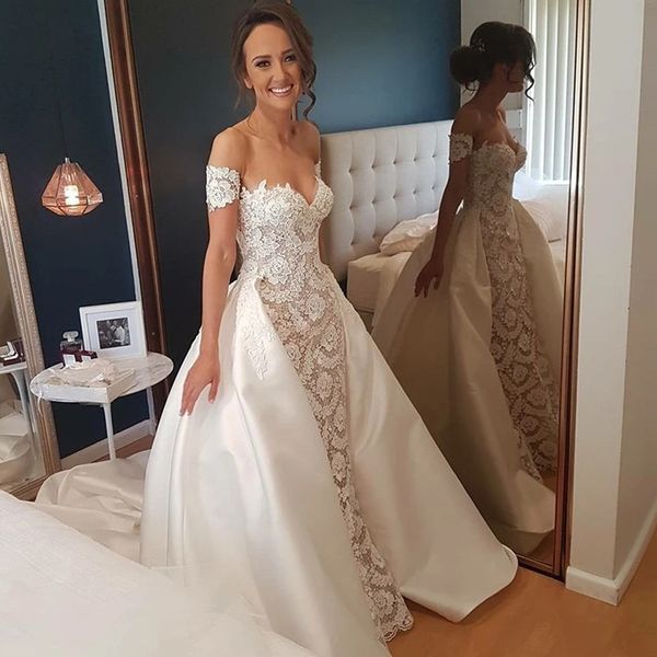 2022 vintage satin wedding dresses off shoulder sweetheart lace mermaid bridal gowns with puffy overskirt arabic wear, White
2022 vintage satin wedding dresses off shoulder sweetheart lace mermaid bridal gowns with puffy overskirt arabic wear, White