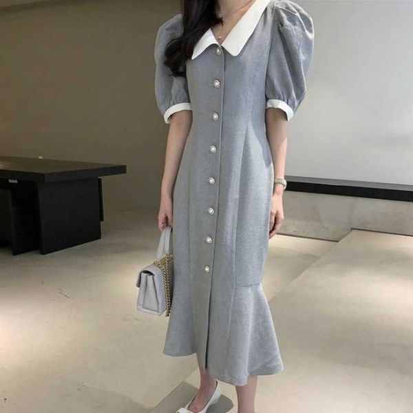 dresses chic korean summer temperament elegant slim contrast grey lapel puff sleeve single breasted mermaid dress women fashion 210610, Black;gray
dresses chic korean summer temperament elegant slim contrast grey lapel puff sleeve single breasted mermaid dress women fashion 210610, Black;gray