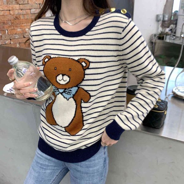 21 autumn stripe navy sweater long sleeve brown bear joint cute girl sweater qingdao, White;black
21 autumn stripe navy sweater long sleeve brown bear joint cute girl sweater qingdao, White;black