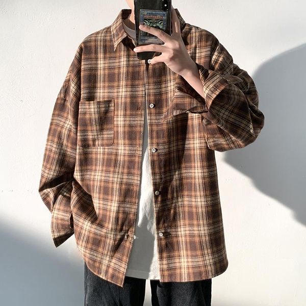 men's casual shirts coffee shirt men 2021 spring hong kong style mens long sleeve trend plaid loose japanese streetwear, White;black
men's casual shirts coffee shirt men 2021 spring hong kong style mens long sleeve trend plaid loose japanese streetwear, White;black