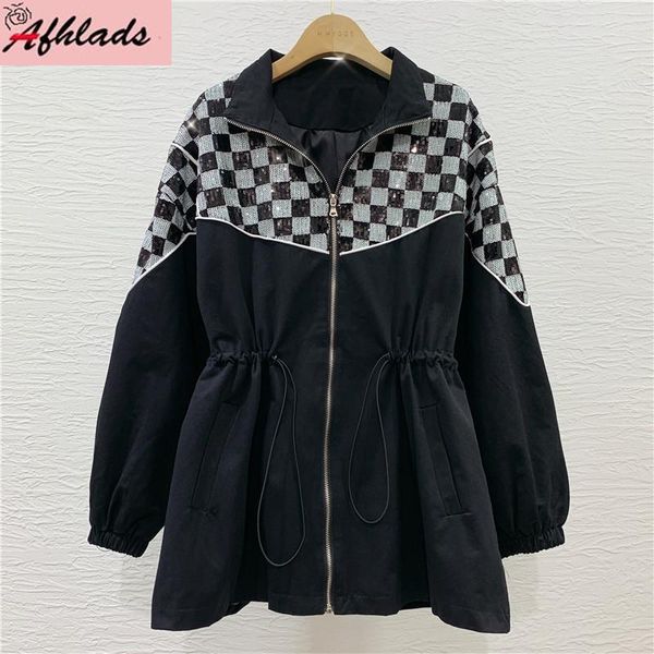 women's jackets autumn and winter loose casual stand-up collar stitching sequined jacket long sleeved drawstring plus size outerwear, Black;brown
women's jackets autumn and winter loose casual stand-up collar stitching sequined jacket long sleeved drawstring plus size outerwear, Black;brown