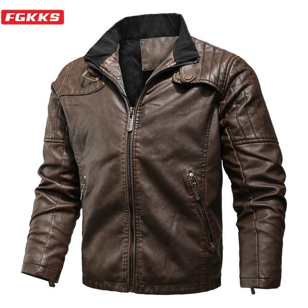 men's fur & faux fgkks brand men leather jackets 2021 fashion jacket male classic motorcycle style inside thick coats, Black