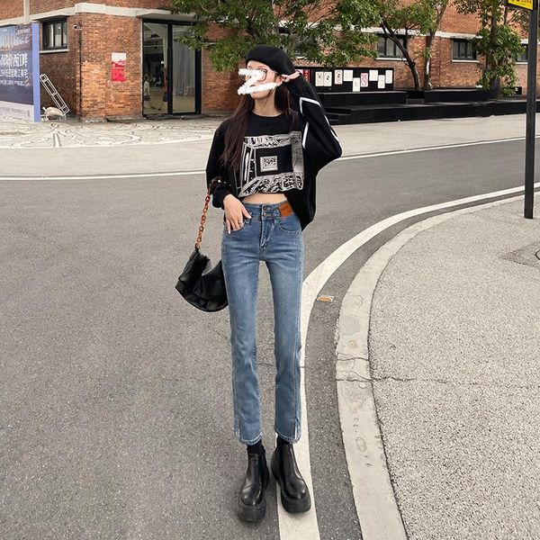 women's jeans denim blue stretch leather cisc split high waist double buckle straight-leg ankle-length pants fashion
women's jeans denim blue stretch leather cisc split high waist double buckle straight-leg ankle-length pants fashion