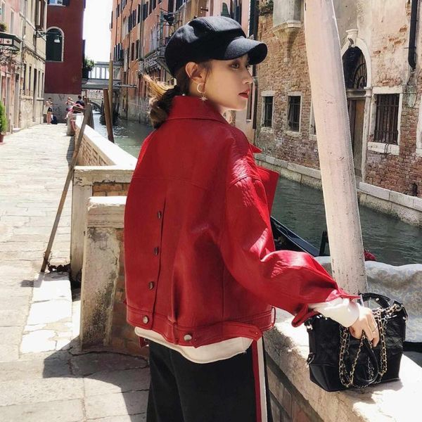 women's leather & faux pu coat 2021 autumn jacket women loose turndown collar single breasted motorcycle coats, Black
women's leather & faux pu coat 2021 autumn jacket women loose turndown collar single breasted motorcycle coats, Black