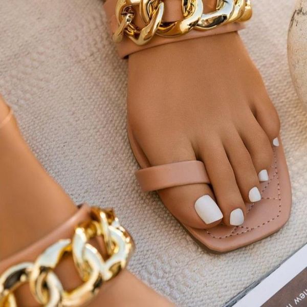 slippers 2021 women's single-finger simple temperament, flat-bottom chain outdoor all-match sandals at home and leisure ms, Black