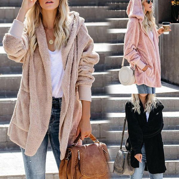 women's fur & faux womens winter warm plain long sleeve hooded fleece cardigans loose coat casual open front jacket, Black
women's fur & faux womens winter warm plain long sleeve hooded fleece cardigans loose coat casual open front jacket, Black